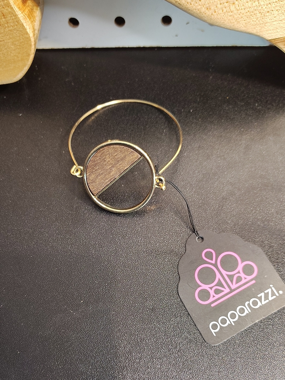 paparazzi Gold-Tone Bracelet with  Brown Wood Geometric Inlay